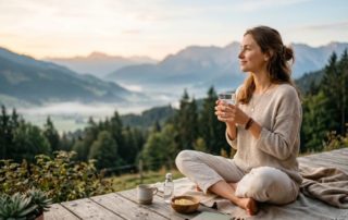 junge frau sitzt entspannt im schneidersitz mit einem glas wasser am boden einer holzterasse und blickt auf eine morgendliche berglandschaft