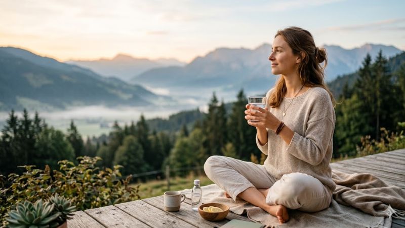 junge frau sitzt entspannt im schneidersitz mit einem glas wasser am boden einer holzterasse und blickt auf eine morgendliche berglandschaft